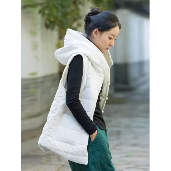 Simple Sleeveless Loose Keep Warm Cotton Quilted Solid Color Hooded Vest Outerwear