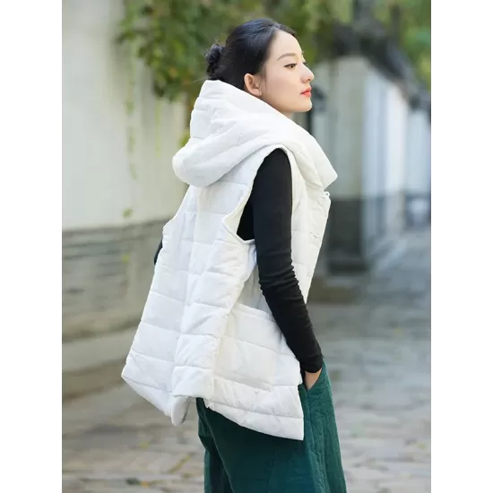 Simple Sleeveless Loose Keep Warm Cotton Quilted Solid Color Hooded Vest Outerwear