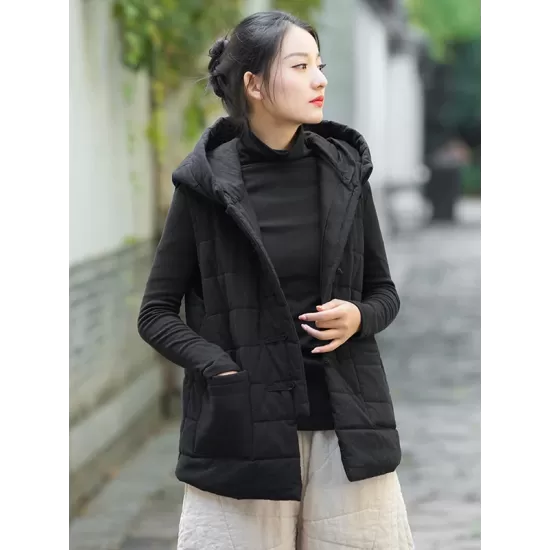 Simple Sleeveless Loose Keep Warm Cotton Quilted Solid Color Hooded Vest Outerwear