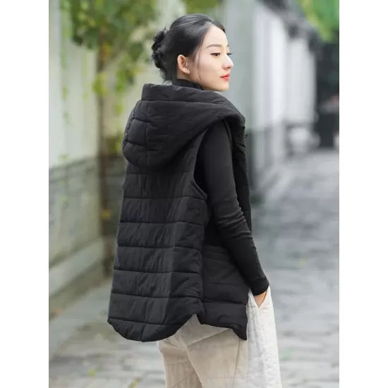 Simple Sleeveless Loose Keep Warm Cotton Quilted Solid Color Hooded Vest Outerwear