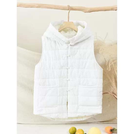 Simple Sleeveless Loose Keep Warm Cotton Quilted Solid Color Hooded Vest Outerwear