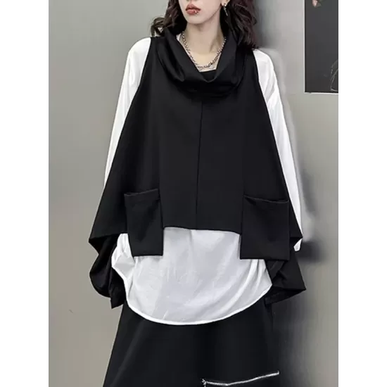 High-Low Irregular Clipping Hooded Solid Color Heaps Collar Vest Top