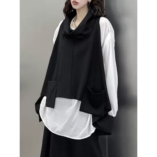 High-Low Irregular Clipping Hooded Solid Color Heaps Collar Vest Top