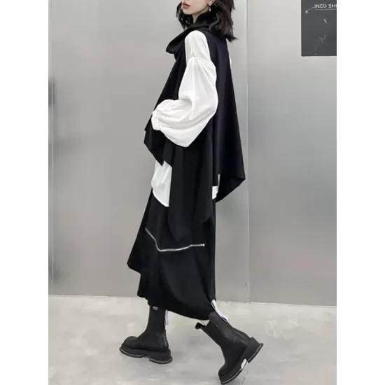 High-Low Irregular Clipping Hooded Solid Color Heaps Collar Vest Top