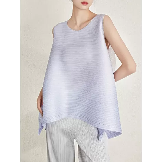 Cropped Sleeveless Pleated Round-Neck Vest Top