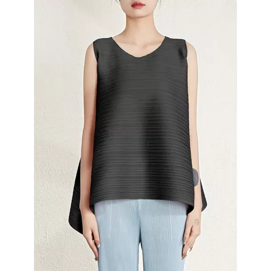 Cropped Sleeveless Pleated Round-Neck Vest Top