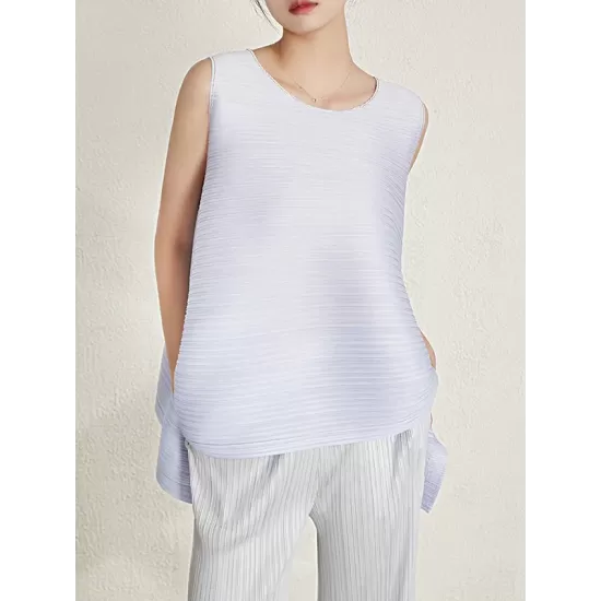 Cropped Sleeveless Pleated Round-Neck Vest Top