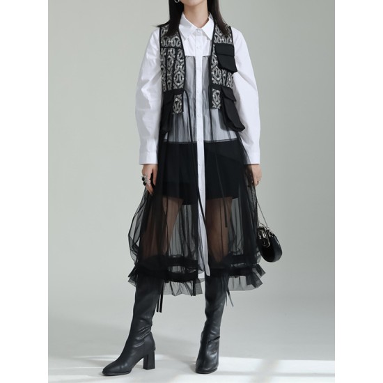 Gauze Jacquard Split-Joint Loose V-neck Vest Outerwear