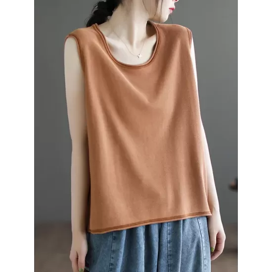 Solid Color Loose Sleeveless Round-neck Knitting Vest Top