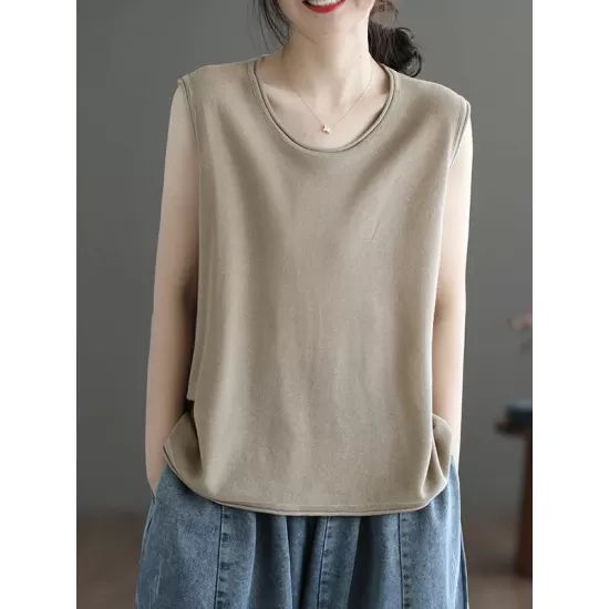 Solid Color Loose Sleeveless Round-neck Knitting Vest Top