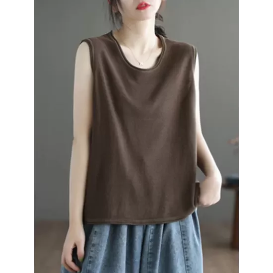 Solid Color Loose Sleeveless Round-neck Knitting Vest Top