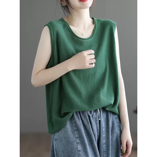 Solid Color Loose Sleeveless Round-neck Knitting Vest Top