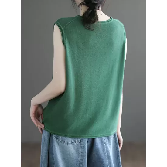 Solid Color Loose Sleeveless Round-neck Knitting Vest Top