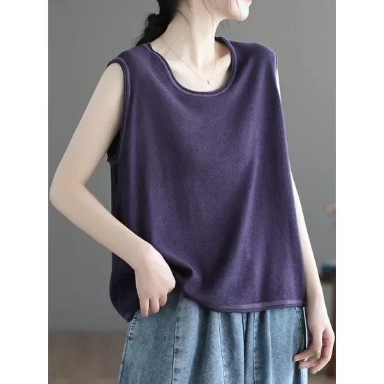 Solid Color Loose Sleeveless Round-neck Knitting Vest Top