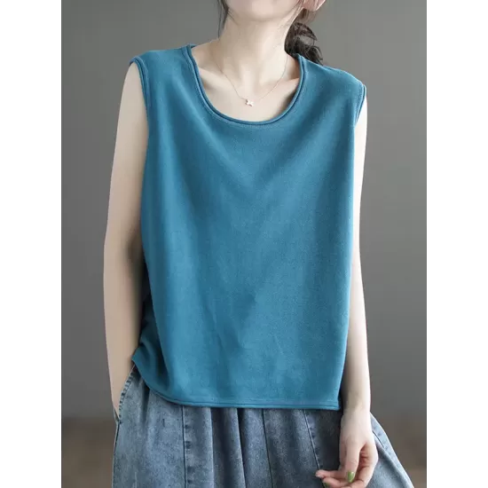 Solid Color Loose Sleeveless Round-neck Knitting Vest Top