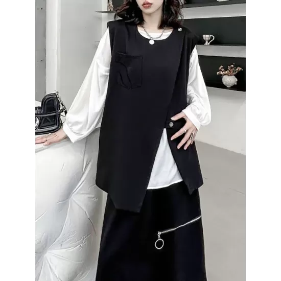 Asymmetric Zipper Loose Sleeveless Round-Neck Vest Top