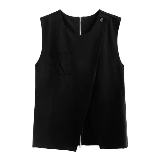 Asymmetric Zipper Loose Sleeveless Round-Neck Vest Top