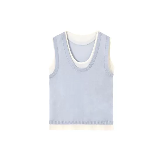 Contrast Color Split-Joint False Two Loose Round-neck Vest Top