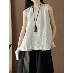 Fringed Solid Color Loose Sleeveless Round-Neck Vest Top