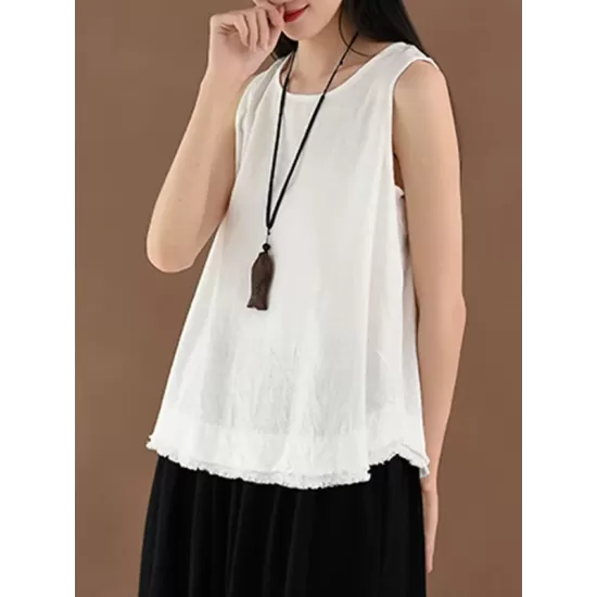 Fringed Solid Color Loose Sleeveless Round-Neck Vest Top