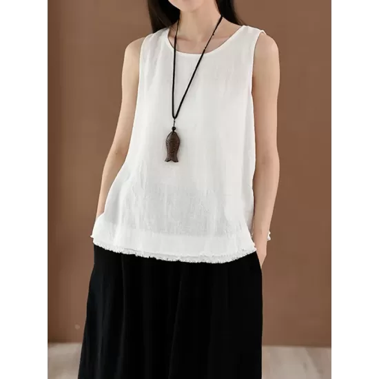 Fringed Solid Color Loose Sleeveless Round-Neck Vest Top