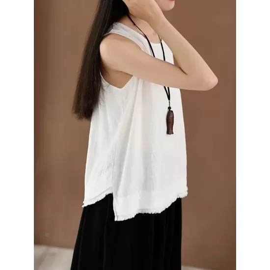 Fringed Solid Color Loose Sleeveless Round-Neck Vest Top