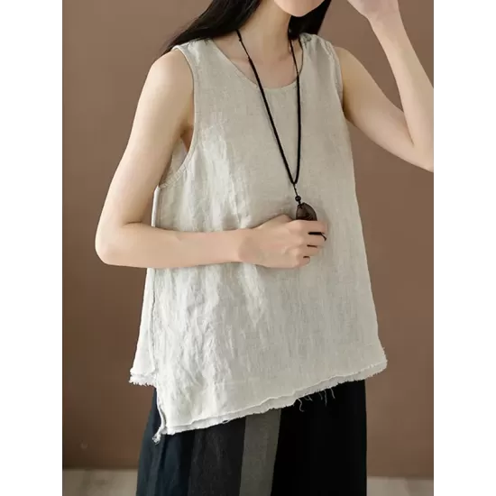 Fringed Solid Color Loose Sleeveless Round-Neck Vest Top