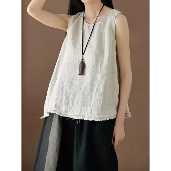 Fringed Solid Color Loose Sleeveless Round-Neck Vest Top