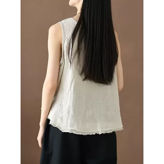 Fringed Solid Color Loose Sleeveless Round-Neck Vest Top