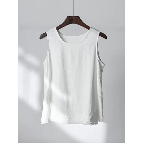 Fringed Solid Color Loose Sleeveless Round-Neck Vest Top