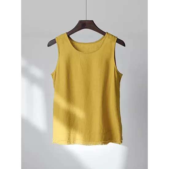 Fringed Solid Color Loose Sleeveless Round-Neck Vest Top