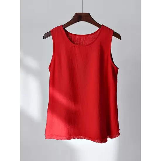 Fringed Solid Color Loose Sleeveless Round-Neck Vest Top