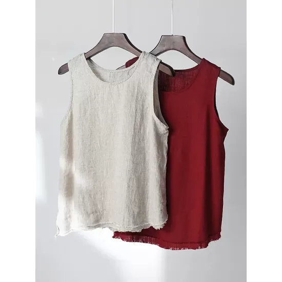 Fringed Solid Color Loose Sleeveless Round-Neck Vest Top