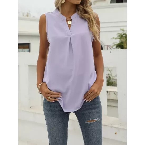 Pleated Solid Color Loose Sleeveless V-Neck Vest Top