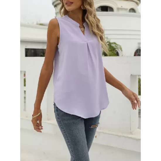 Pleated Solid Color Loose Sleeveless V-Neck Vest Top