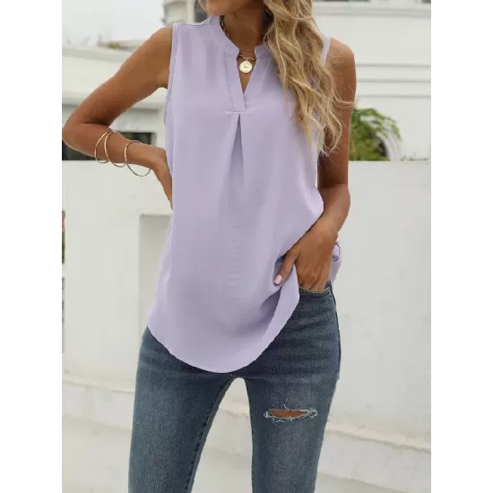 Pleated Solid Color Loose Sleeveless V-Neck Vest Top