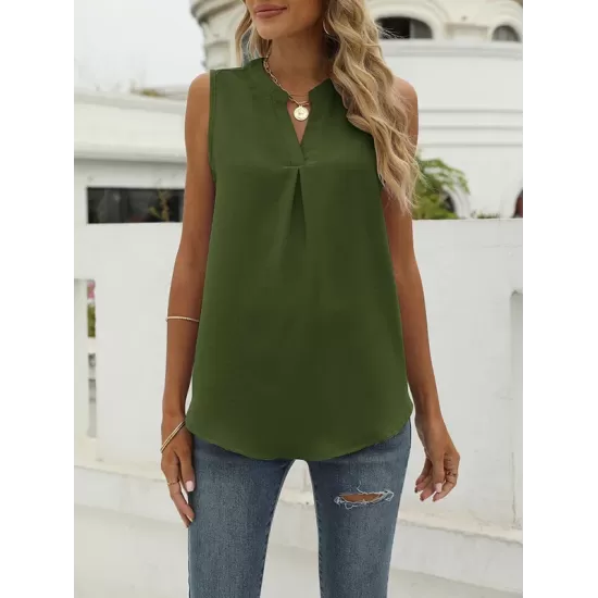 Pleated Solid Color Loose Sleeveless V-Neck Vest Top