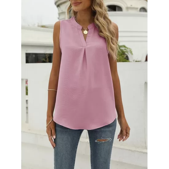 Pleated Solid Color Loose Sleeveless V-Neck Vest Top