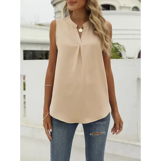 Pleated Solid Color Loose Sleeveless V-Neck Vest Top