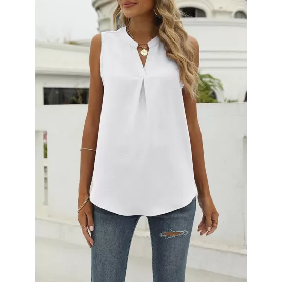 Pleated Solid Color Loose Sleeveless V-Neck Vest Top