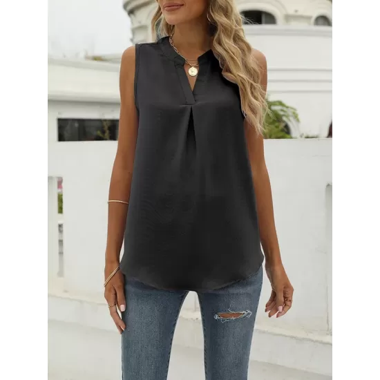 Pleated Solid Color Loose Sleeveless V-Neck Vest Top