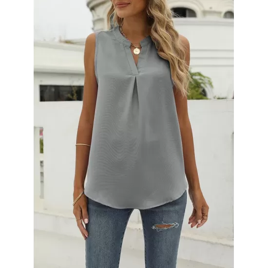 Pleated Solid Color Loose Sleeveless V-Neck Vest Top