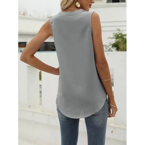 Pleated Solid Color Loose Sleeveless V-Neck Vest Top