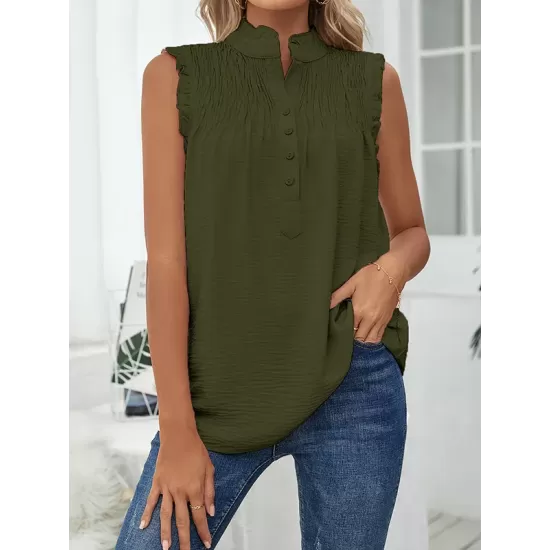 Pleated Solid Color Loose Sleeveless Stand Collar Vest Top