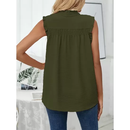 Pleated Solid Color Loose Sleeveless Stand Collar Vest Top