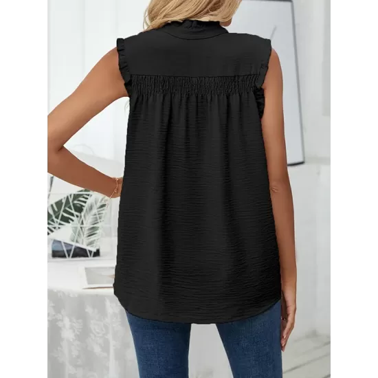 Pleated Solid Color Loose Sleeveless Stand Collar Vest Top