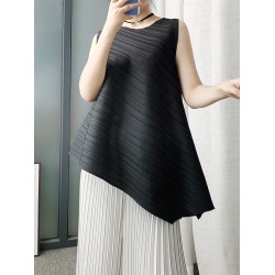 Pleated Solid Color Irregular Clipping Loose Round-Neck Vest Top