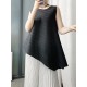 Pleated Solid Color Irregular Clipping Loose Round-Neck Vest Top