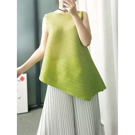 Pleated Solid Color Irregular Clipping Loose Round-Neck Vest Top