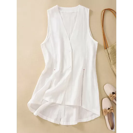 Buttoned Solid Color Loose Sleeveless V-neck Vest Top